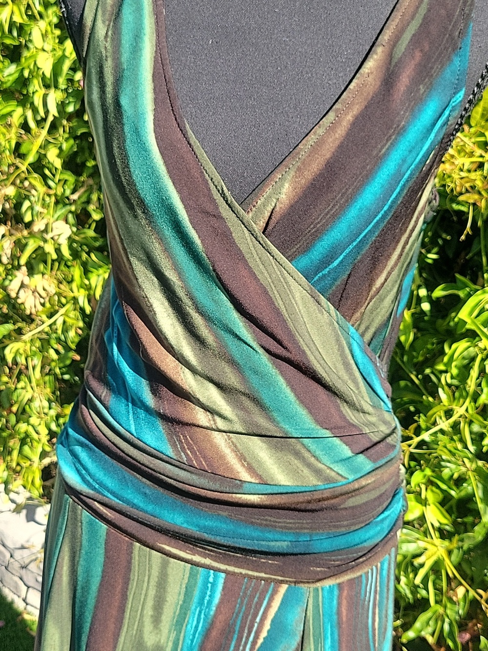 Y2K Striped Wrap Top Drop Waist Midi Dress - Teal & Brown L - Picture 2 of 13